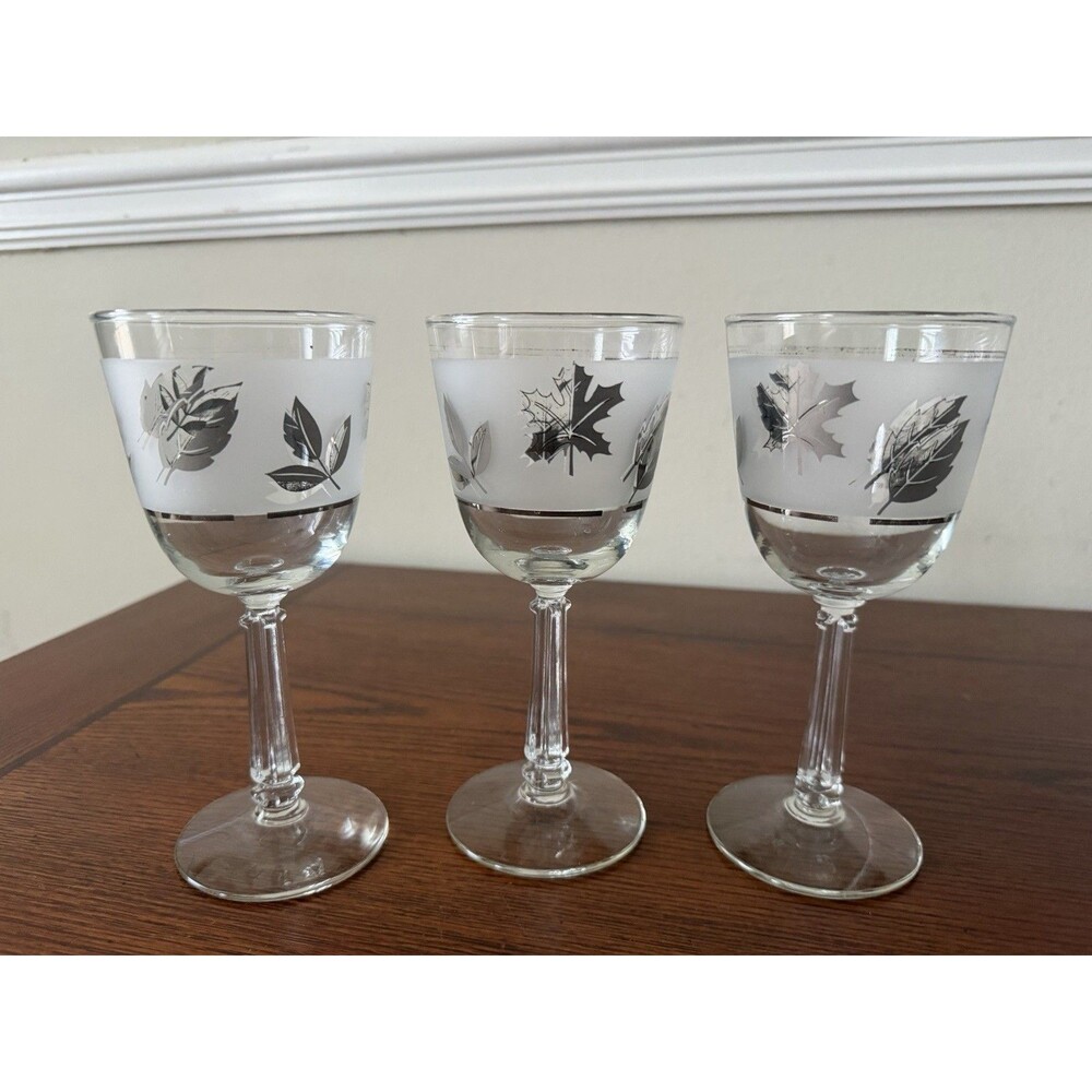 Vintage Libbey Crystal SILVER LEAF - Set of 3 WINE GLASSES - 5 3/4 inches